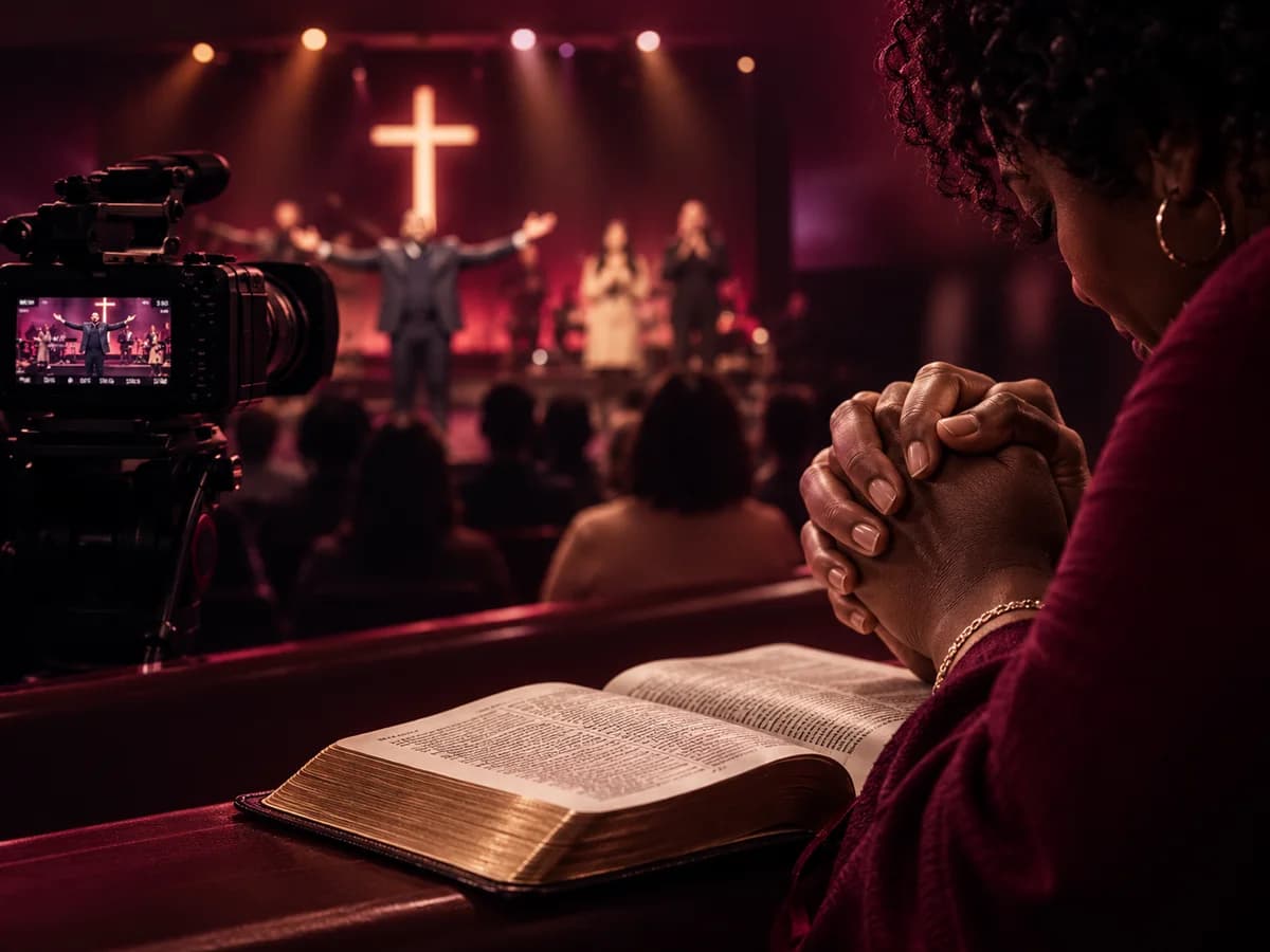 Hands folded in prayer beside an open Bible