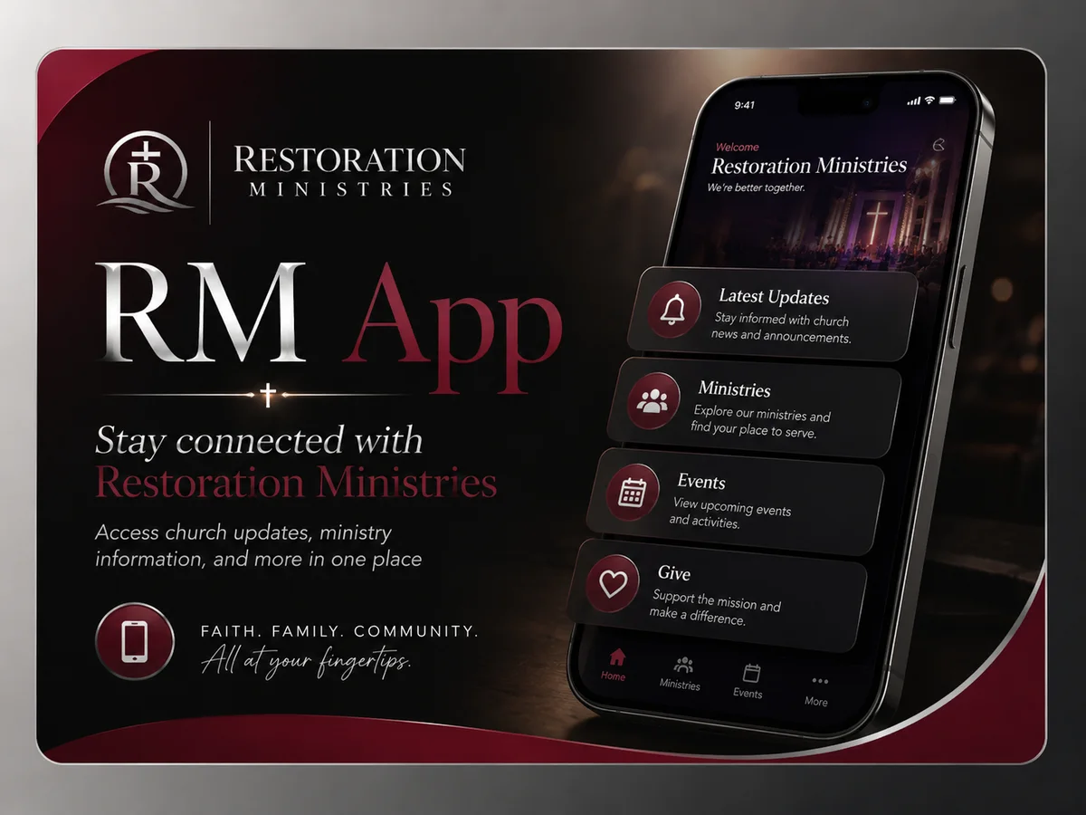 Smartphone representing the Restoration Ministries app
